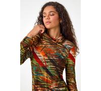 Roman Originals Abstract Print Cowl Neck Tunic Top for Women UK - Ladies Everyday Autumn Winter Comfy Soft Evening Vacation Work Party Night Out - Rust - Size 18