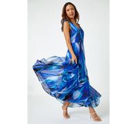 Roman Originals Sleeveless Abstract Print Maxi Dress for Women UK - Ladies Everyday Holiday Spring Summer V Neckline Comfy Soft Evening Vacation Work Party - Blue - Size 12