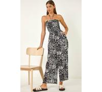 Roman Originals Abstract Print Shirred Bandeau Jumpsuit for Women UK - Ladies Everyday Holiday Spring Summer Bandeau Neckline Comfy Soft Evening Vacation Work Party - Black - Size 20