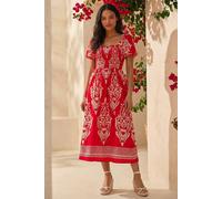 Roman Women's Abstract Print Shirred Midi Dress in Red | Size: 16 Roman Red 16