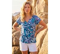 Roman Originals Abstract Print Hanky Hem Stretch Top for Women UK - Ladies Everyday Holiday Spring Summer V-Neckline Comfy Soft Evening Vacation Work Party - Blue - Size 18