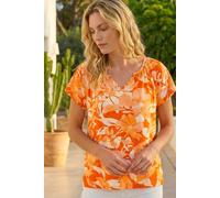 Roman Originals Abstract Print Hanky Hem Stretch Top for Women UK - Ladies Everyday Holiday Spring Summer V-Neckline Comfy Soft Evening Vacation Work Party - Orange - Size 14