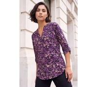 Roman Originals Shirt for Women UK Ladies Top Collarless Blouse Stretchy Tunic Smart Casual Autumn Winter Jersey 3/4 Length Sleeve Notch V Neck Flattering Office Work - Abstract Purple - Size 18