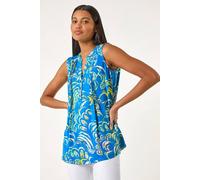 Roman Originals Pintuck Sleeveless Shirt for Women UK Ladies Vest Tank Top Summer Smart Blouse Stretchy Jersey T-Shirt Casual Spring Holiday Party Vacation Notch Neck - Blue Abstract - Size 12