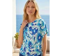 Roman Originals Abstract Ruched Side Stretch Top for Women UK - Ladies Everyday Holiday Spring Summer Round Neckline Comfy Soft Evening Vacation Work Party - Blue - Size 14