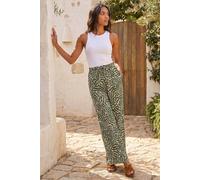 Roman Originals Wide Leg Trousers for Women UK - Ladies Palazzo Pants Floral Print Abstract Everyday Holiday Spring Summer Comfy Soft Evening Vacation Work Party - Khaki Ivory - Size 18