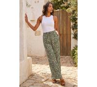 Roman Originals Wide Leg Trousers for Women UK - Ladies Palazzo Pants Floral Print Abstract Everyday Holiday Spring Summer Comfy Soft Evening Vacation Work Party - Khaki Ivory - Size 18