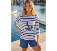 Roman Originals Stretchy Top for Women UK - Ladies Jersey Blouse Smart Casual Tunic Work 3/4 Length Sleeve Round Neck Boat Neckline Flattering Autumn Winter - Blue Stripe - Size 18