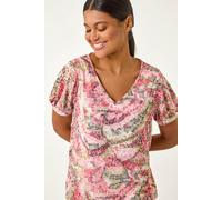 Roman Originals Blouson Top for Women Ladies Bubble Hem Stretchy Jersey Puff Sleeve Summer Smart Casual Office Work Spring Everyday Evening Vacation Work Holiday V Neck - Red Animal - Size 12