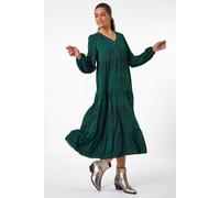 Roman Originals Spot Button Detail Smock Midi Dress for Women UK - Ladies Everyday Autumn Winter V-Neckline Comfy Soft Evening Vacation Work Party Night Out - Dark Green - Size 10