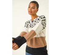Roman Women's Animal Print Colour Block Jumper in Camel | Size: 12