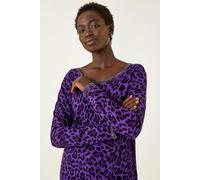 Roman Originals Animal Print Embellished Trim Jumper for Women UK - Ladies Everyday Autumn Winter Scoop Neckline Comfy Soft Evening Vacation Work Party Night Out - Purple - Size 14