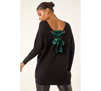 Roman One Size Animal Print Tie Back Jumper for Women UK - Ladies Autumn Everyday Winter Holiday V-Neckline Comfy Long Sleeve Soft Draped Sweater Knitted Top - Noir - Size L