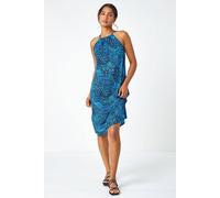 Roman Women Halterneck Midi Dress - Ladies Halter Neckline Maxi Spring Everyday Summer Holiday Sleeveless Soft Tie Waist Detail Keyhole Neck Gown Vacation Frocks - Blue & Black - Size 20