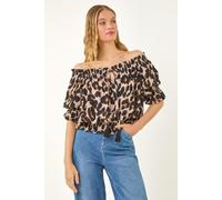 Roman Animal Print Key Hole Blouse for Women UK - Ladies Spring Everyday Summer Holiday Round Neckline Comfy 3/4 Sleeve Soft Tie Detail Shirt Office Business Blouses - Natural - Size 18 Beige