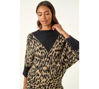 Roman Originals Animal Print Knit Jumper for Women UK - Ladies Everyday Autumn Winter Round Neckline Comfy Soft Evening Vacation Work Party Night Out - Black - Size S