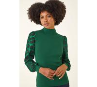 Roman Women's Animal Print Mesh Sleeve Knit in Green | Size: 12