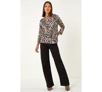 Roman Originals Animal Print Embellished Neck Jumper for Women UK - Ladies Everyday Autumn Winter Round Neckline Comfy Soft Evening Vacation Work Party Night Out - Taupe - Size 16