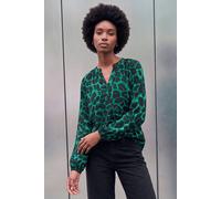 Roman Originals Shirt for Women UK Ladies Top Collarless Blouse Stretchy Tunic Smart Casual Autumn Winter Jersey 3/4 Length Sleeve Notch V Neck Flattering Office Work - Green Animal - Size 20