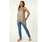 Roman Originals Animal Print Wrap Hem Tunic Top for Women UK - Ladies Everyday Holiday Spring Summer Round Neckline Comfy Soft Evening Vacation Work Party - Natural - Size 18 Beige