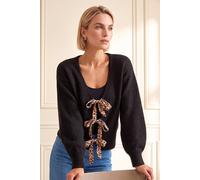 Roman Animal Tie Front Knit Cardigan In Black Black