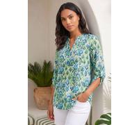 Roman Originals Shirt for Women UK Ladies Top Collarless Blouse Stretchy Tunic Smart Casual Autumn Winter Jersey 3/4 Length Sleeve Notch V Neck Flattering Office Work - Green Beige - Size 12