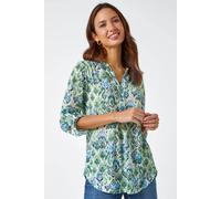 Roman Shirt for Women UK Ladies Top Collarless Blouse Stretchy Tunic Smart Casual Autumn Winter Jersey 3/4 Length Sleeve Notch V Neck Flattering Office Work - Green Beige - Size 18