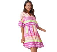 Roman Originals Smock Dress for Women UK Ladies Cotton Summer Embroidered Frilled Tiered Casual Beach Cruise Holiday Cocktail Party 3/4 Sleeve Pull On Gathered Skirt - Multi - Size 16