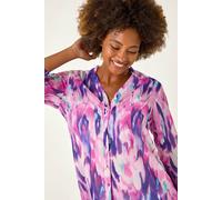 Roman Originals Blurred Print Frill Blouse for Women UK - Ladies Everyday Holiday Spring Summer V-Neckline Comfy Soft Evening Vacation Work Party - Purple - Size 16