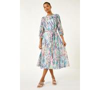 Roman Blurred Print Pleat Neck Midi Dress for Women UK - Ladies Spring Everyday Summer Holiday Round Neckline Comfy Long Sleeve Soft Fit & Flare Frock Dinner Date Gowns - White - Size 14