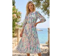 Roman Spot Print Chiffon Pleated Midi Dress for Women UK Ladies Spring Everyday Summer Holiday Round Neckline Comfy 3/4 Sleeve Soft Fit & Flare Frock Dinner Date