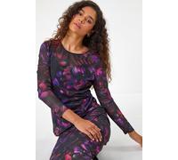 Roman Originals Blurred Print Ruched Stretch Mesh Top for Women UK - Ladies Everyday Autumn Winter Round Neckline Comfy Soft Evening Vacation Work Party Night Out - Pink - Size 18