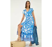 Roman Shirred Empire Waist Dress for Women UK Ladies Midi Maxi Summer Spring Tiered Frill Hem Short Sleeve V Neck Button Through Boho Bohemian Holiday Cruise - Abstract Cyan - Size 20