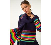 Roman Originals Border Stripe Scarf Knit Jumper for Women UK - Ladies Everyday Autumn Winter Round Neckline Comfy Soft Evening Vacation Work Party Night Out - Multi - Size 18