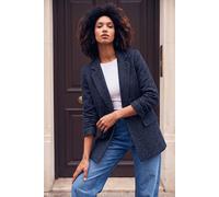 Roman Women Longline Textured Jersey Blazer - Ladies Smart Casual Formal Office Work Meeting Interview Ceremony Lapel Mock Pocket Detail Marl Look Long Sleeve Jacket - Navy - Size 12