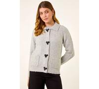 Roman Originals Bow Buttoned Collared Cardigan for Women UK - Ladies Everyday Autumn Winter Round Neckline Comfy Soft Evening Vacation Work Party Night Out - Grey - Size 16