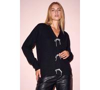 Roman Bow Embellished Knit Cardigan for Women UK - Ladies Autumn Everyday Winter Holiday V-Neckline Comfy Long Sleeve Soft Button Up Jumper Office Desk Sweaters - Black - Size 16