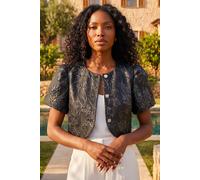 Roman Originals Brocade Puff Sleeve Jacket for Women UK - Ladies Everyday Autumn Winter Round Neckline Comfy Soft Evening Vacation Work Party Night Out - Black - Size 12