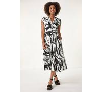 Roman Originals Brushstroke Linen Mix Midi Dress for Women UK - Ladies Everyday Holiday Spring Summer V-Neckline Comfy Soft Evening Vacation Work Party - Black - Size 20