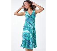 Roman Burnout Abstract Knot Front Stretch Dress for Women UK - Ladies Spring Everyday Summer Holiday V-Neckline Comfy Sleeveless Soft Knee Length Frock Fit & Flare Gowns - Green - Size 12