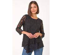 Roman Originals Women Burnout Spot Print Asymmetric Top - Ladies Stretch Jersey Round Neck 3/4 Length Sleeves Lettuce Hem Daywear Tops - Burnout Black - Size 12