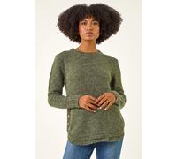 Roman Button Detail Curved Hem Jumper for Women UK - Ladies Autumn Everyday Winter Holiday Round Neckline Comfy Long Sleeve Soft Top Day Office Sweaters - Khaki - Size 16