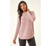 Roman Button Detail Curved Hem Jumper for Women UK - Ladies Autumn Everyday Winter Holiday Round Neckline Comfy Long Sleeve Soft Top Day Office Sweaters - Light Pink - Size 20