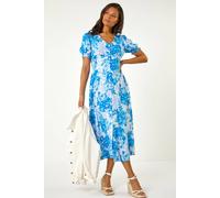 Roman Women's Button Through Floral Shirred Midi Dress in Blue | Size: 20 Roman Blue 20