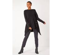 Roman Originals Buttoned Side Hanky Hem Jumper for Women UK - Ladies Everyday Autumn Winter Crew Neckline Comfy Soft Evening Vacation Work Party Night Out - Black - Size 16