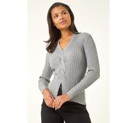 Roman Originals Cable Split Detail Rib Jumper for Women UK - Ladies Everyday Autumn Winter V-Neckline Comfy Soft Evening Vacation Work Party Night Out - Grey - Size 12