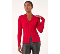 Roman Originals Cable Split Detail Rib Jumper for Women UK - Ladies Everyday Autumn Winter V-Neckline Comfy Soft Evening Vacation Work Party Night Out - Red - Size 14