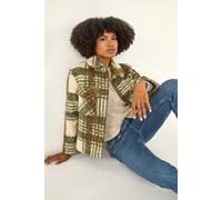 Roman Originals Check Print Button Borg Jacket for Women UK - Ladies Everyday Autumn Winter Comfy Soft Evening Vacation Work Party Night Out - Green - Size 18