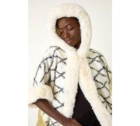 Roman Women's Check Print Faux Fur Trim Cape Jacket in Ivory
