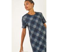 Roman Originals Check Print T-Shirt Stretch Dress for Women UK - Ladies Everyday Autumn Winter Round Neckline Comfy Soft Evening Vacation Work Party Night Out - Blue - Size 20